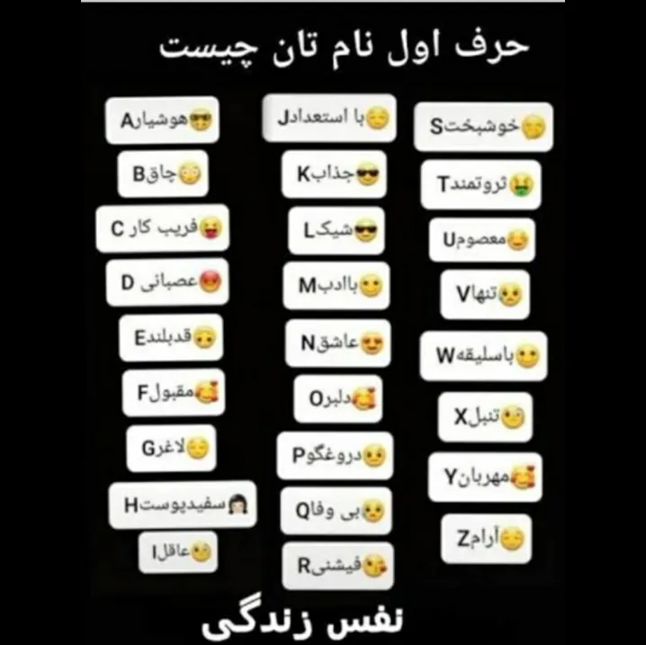 حرف اول اسمت چی هست؟؟ 😍😘<br />
<br />
<br />
خودم A😂